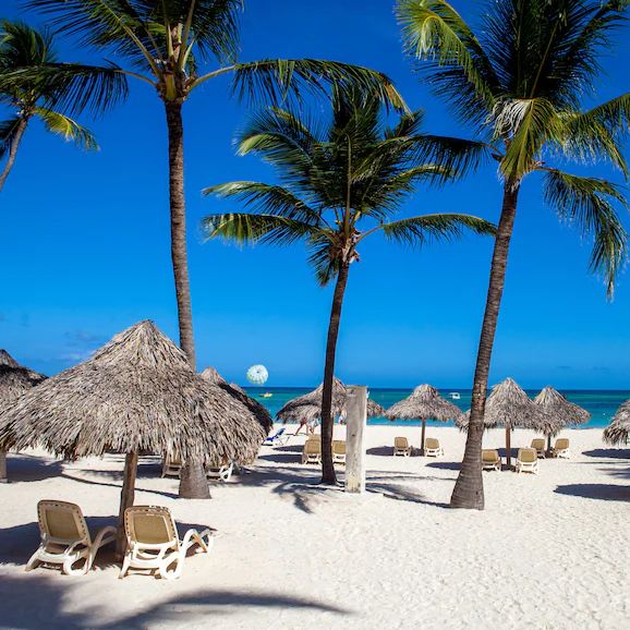 Los Corales Beach with thatched umbrellas and loungers